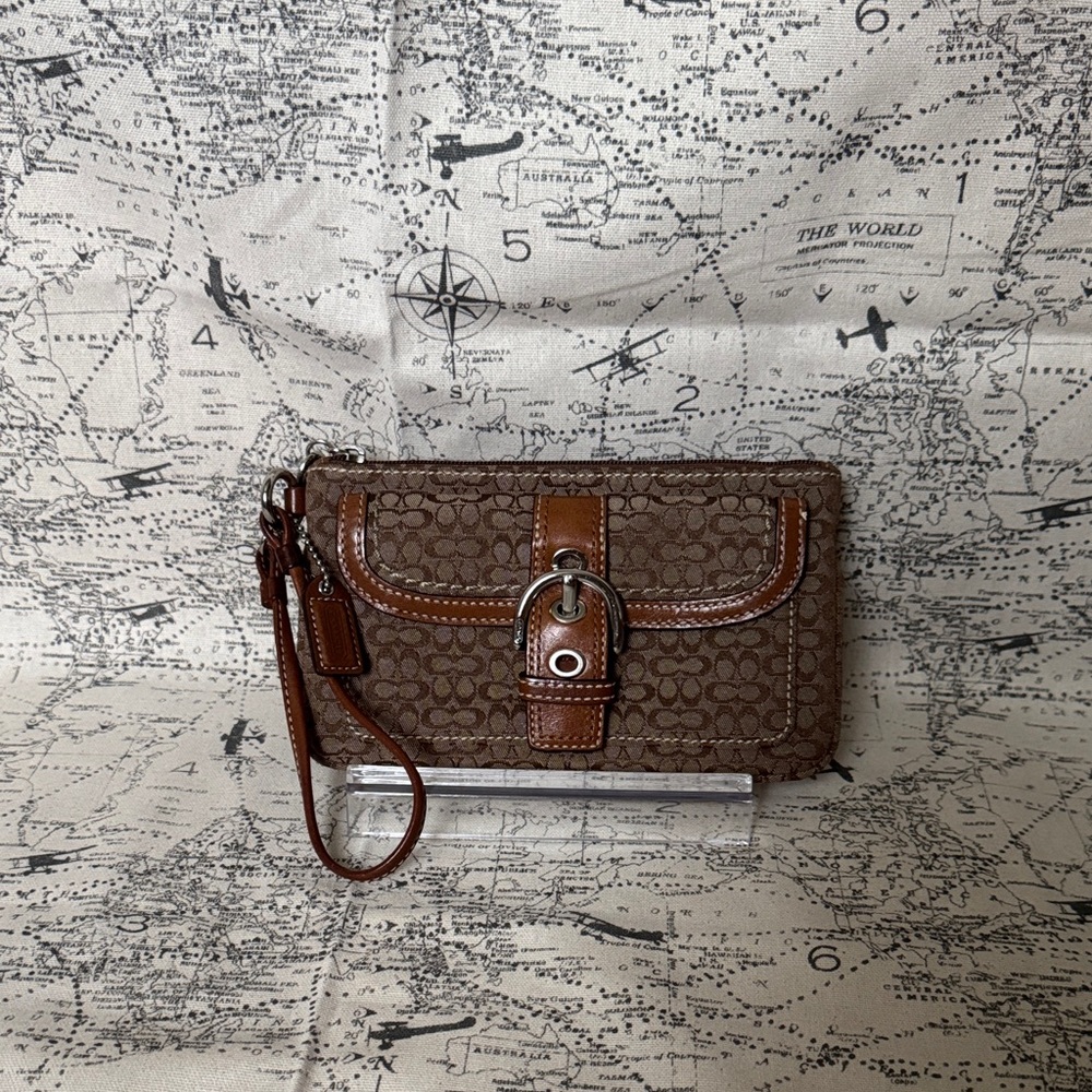 Coach Brown and Tan Wristlet with Leather Accents
